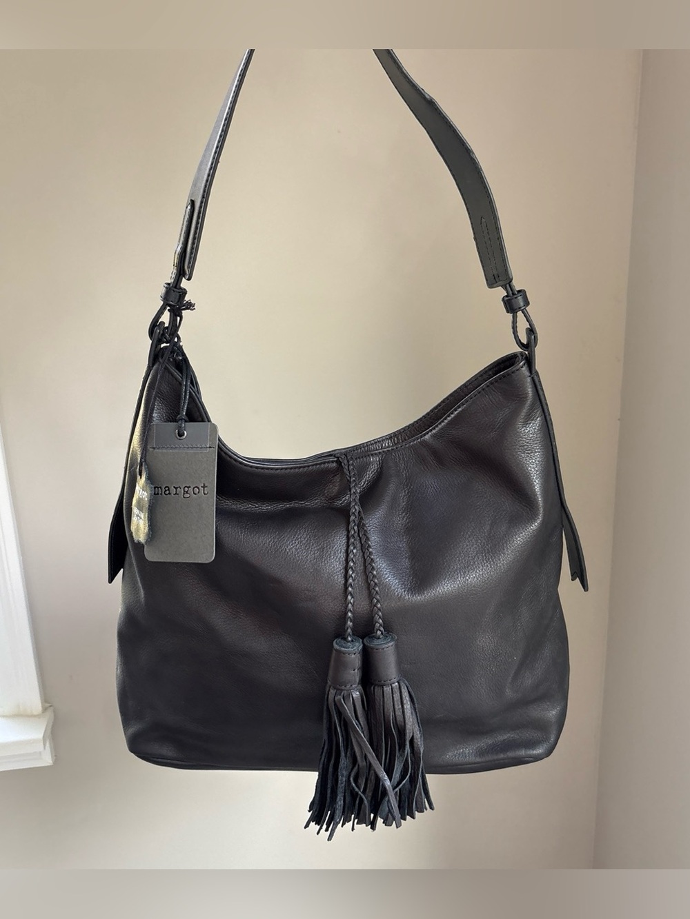 Margot black leather hobo shoulder bag with tassels NEW!